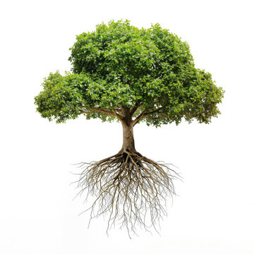 A surreal floating tree with exposed roots hovering in empty space, symbolizing environmental connection, growth, and nature's resilience without soil.