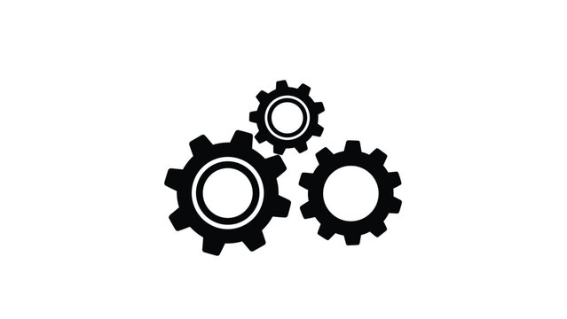 Three interlocking gears in black silhouette, symbolizing mechanical process, teamwork, collaboration, and industrial efficiency.