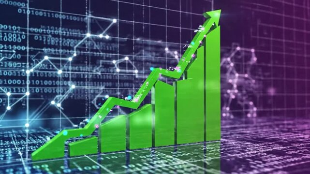 Uptrend financial graph showing positive growth in the stock market against binary code background