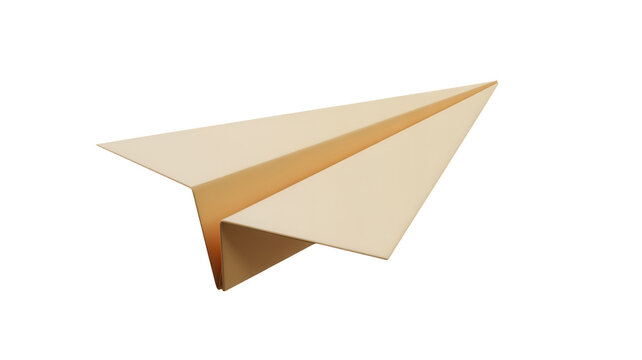 Beige paper airplane, a classic folded origami toy, symbolizing flight, communication, and childhood fun, isolated on transparent background