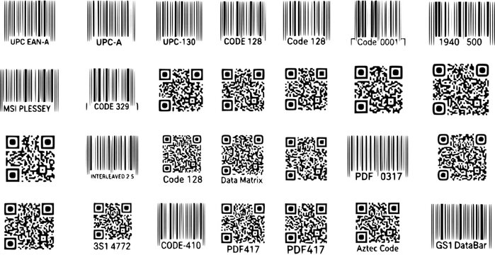 Barcodes  QR Codes Vector Set: Collection of Different Barcode and QR Code Types