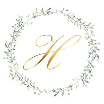 Watercolor greenery wreath with elegant gold letter H. Minimal botanical monogram for wedding invitations, logos, branding, nursery decor, greeting cards and printable botanical wall art.