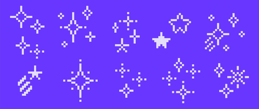 Pixel light stars icon set in retro 8-bit style. Sparkle effects on purple background. Minimal spark UI elements for game interfaces, rewards, achievements, digital products. Vector illustration