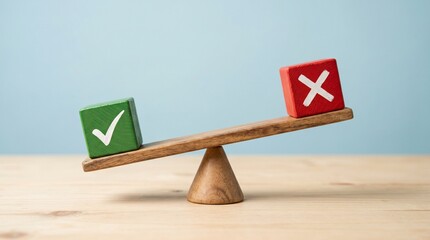 Fototapeta premium Balanced Choices: A wooden seesaw, delicately poised, bears the weight of contrasting decisions - a green check mark versus a red X.