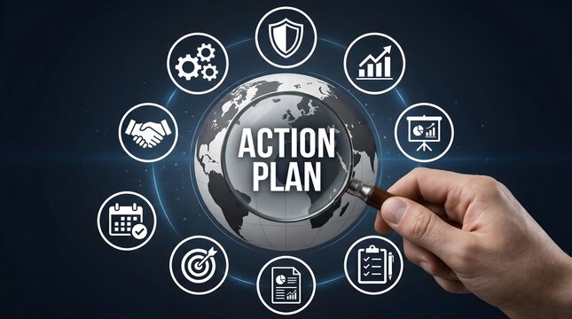 Conceptual hand holding magnifying glass over digital globe with action plan text to accelerate global market scalability