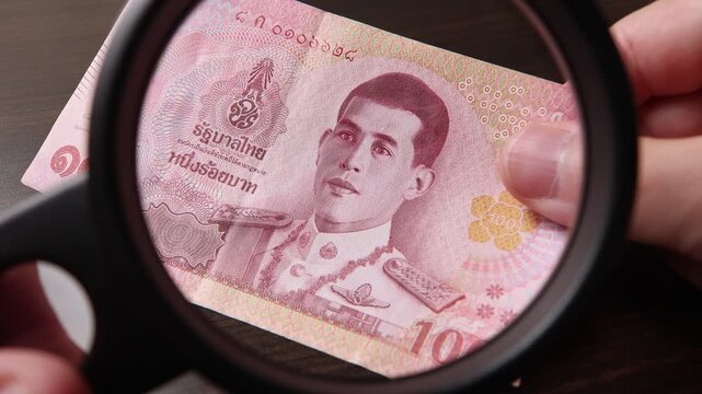 Examination of 100 Thai baht (THB) cash money with magnfication glass, loupe. Concept of authenticity check, fight against counterfeiting of banknotes, anti fraud measures in Thailand. Close up view.
