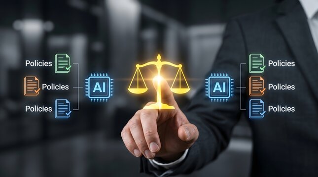 Conceptual AI governance interface with legal scales and policy icons being managed by executive to optimize corporate compliance in a modern office.