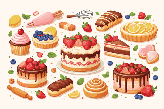 Flat Vector Illustration of Assorted Handmade Desserts and Pastries featuring Strawberry Cakes, Cupcakes, Fruit Tarts, Eclairs, Cinnamon Rolls, and Baking Tools like Whisk and Rolling Pin on White
