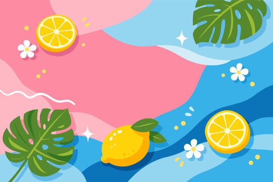 Vibrant Summer Vector Background with Fresh Lemons, Sliced Citrus, Monstera Leaves, and Tropical Flowers on Abstract Pink and Blue Wavy Shapes, Perfect for Seasonal Posters and Greeting Cards.