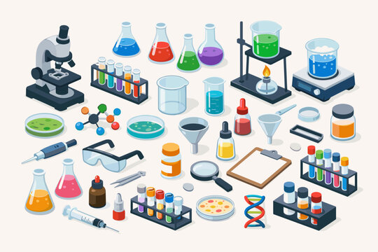 Isometric Laboratory Equipment and Supplies for Scientific Research and Experiments; Vector Set of Microscope, Test Tubes, Flasks, Beakers, DNA Model, and Safety Gear for Chemistry and Biology.