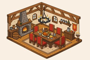 Naklejka premium Isometric Medieval Dining Room Interior with Wooden Beams, Stone Fireplace, Red Chairs, and Chandelier. Hand Drawn Illustration of a Banquet Hall with Roasted Chicken, Wine, and Rustic Furniture.