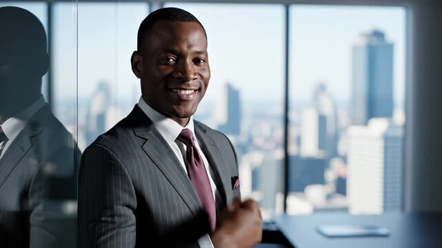 Confident African American Businessman Smiling at Camera in Modern Office With City Skyline View