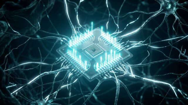 Futuristic cybernetic microchip merging with organic neural network.