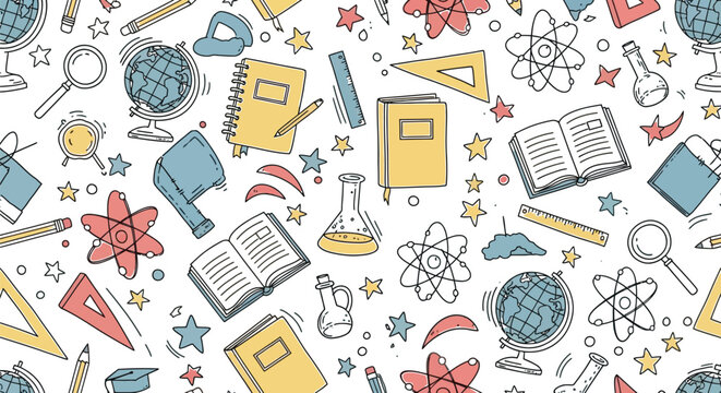 Colorful illustration of various school supplies and science equipment