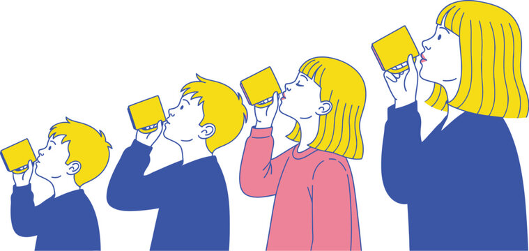 Children drinking from yellow cups.