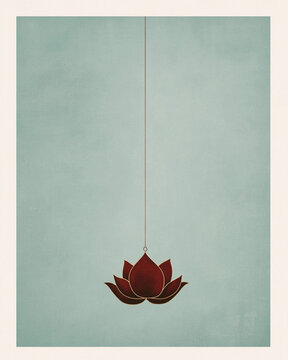 A vertical postcard with an abstract fusion of a yoga lotus flower. The background is a serene, solid pale blue-grey . The vast empty space conveys peace and spaciousness