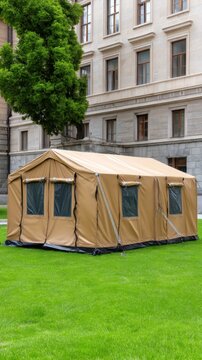 A large beige canvas tent is displayed on green grass, showing windows and doors in an outdoor area during the day