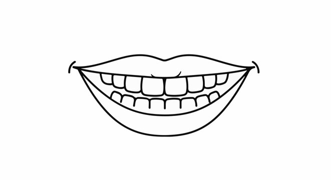 A simple black outline drawing of a wide smile showing upper and lower teeth