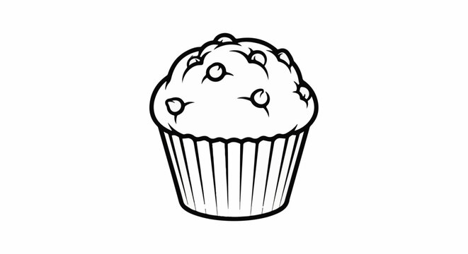 A simple black and white drawing of a blueberry muffin in a wrapper