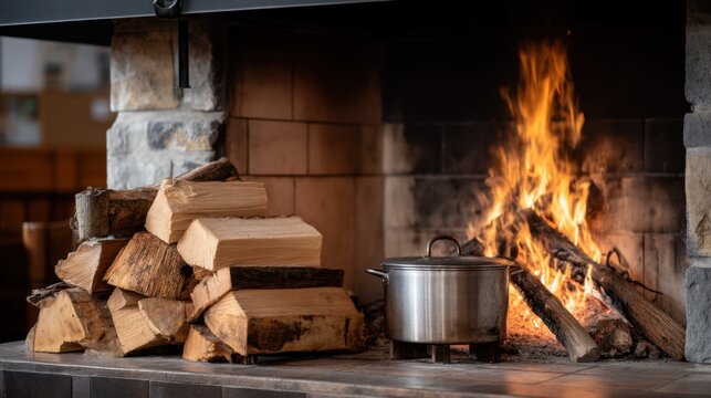 Firewood burns brightly with flames reaching up beside a cooking pot, creating a warm and inviting atmosphere in a dark space