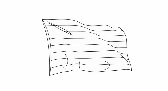 A simple black and white drawing of a flag waving in the wind