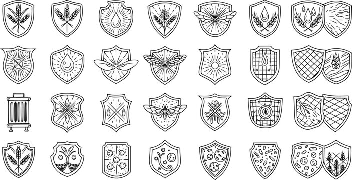 Vintage Line Art Shield Logos Collection. Hand-drawn emblems with wheat, sun, water drops, and nature elements for craft, agriculture, food, and brewing branding.