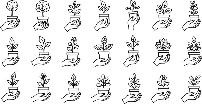 Minimalist line art icon set featuring hands gently holding various potted plants and seedlings, symbolizing growth, nature care, ecology, and environmental sustainability