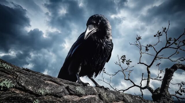 A majestic black crow perches on a gnarled tree branch under a dramatic, cloudy sky, evoking a sense of mystery and the wild