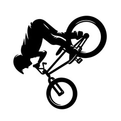 Naklejka premium bmx rider performing aerial stunt trick in black silhouette.a black silhouette of a bmx cyclist doing a trick on a bike, ideal for sports and action themed marketing and advertising materials