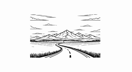 Naklejka premium A scenic road winds through fields toward majestic, snow-capped mountains under a cloudy sky