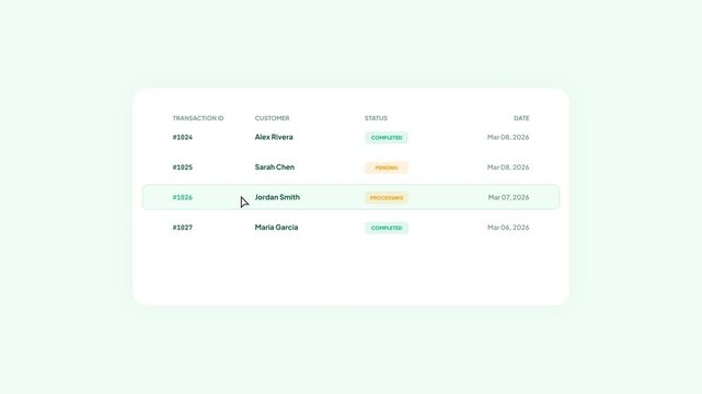 Emerald green row highlight animation in a data table for financial transaction monitoring