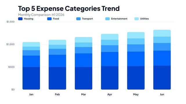 Animated stacked bar chart showing monthly expense trends for housing food and transport