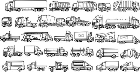 Detailed Hand-Drawn Sketch Set of Diverse Commercial Trucks and Transport Vehicles: Semi-Trailers, Dump Trucks, Vans, and Specialized Lorries for Logistics and Construction © kenstock