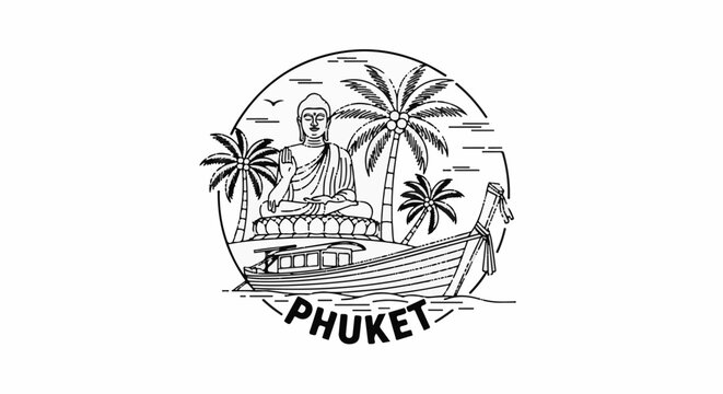 A serene Buddha statue sits amidst palm trees and a traditional boat