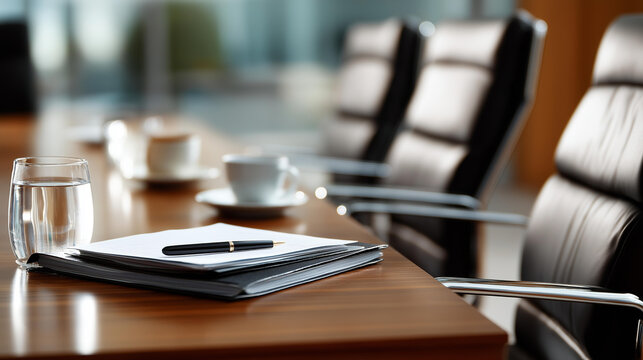 A polished conference table with two chairs pushed back, an open folder and a pair of coffee cups, no faces, business handshake setup, conference room, applause setting, deal agreement, success