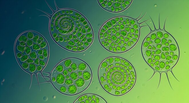 Microscopic view of green Chlamydomonas algae cells with flagella.