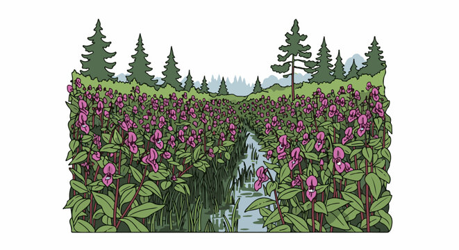 A lush marshy area with dense pink flowers and tall green trees
