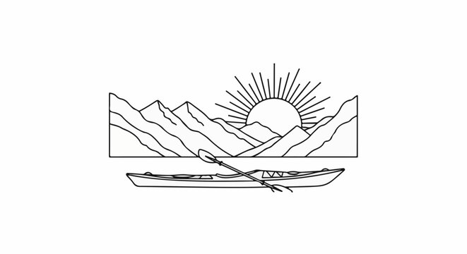 A minimalist line drawing of a kayak and paddle on water with mountains and sun