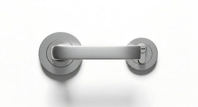 Close-up view of a modern silver door handle and lock mechanism on a white background