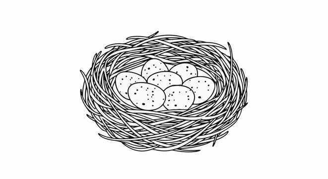 A line art illustration of a bird's nest holding seven speckled eggs