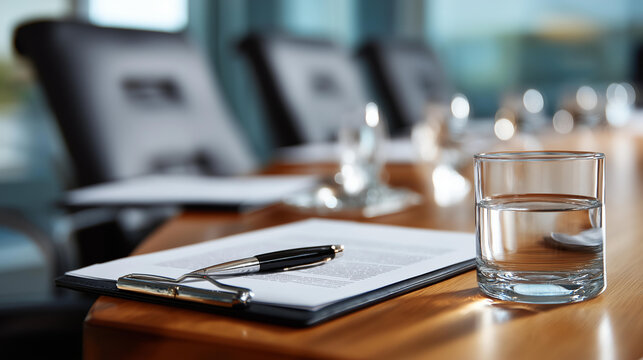 A conference table with printed insurance policy documents, a pen and two water glasses in front of three empty chairs, no people, insurance agent meeting, client discussion, policy options,