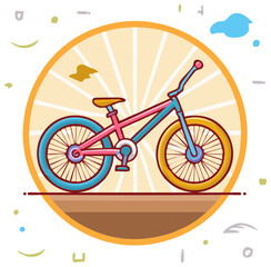 Fototapeta premium A colorful kids BMX bicycle illustration with a bright sunburst background in a modern cartoon style