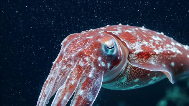 Close-up underwater shot of a vibrant cuttlefish with intricate patterns on its skin, revealing its intelligent eye and tentacles against a dark blue background