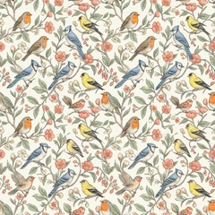 Fototapeta premium Birds Perched on Branches Surrounded by Flowers in a Natural Setting During a Bright Day