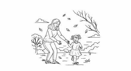 Obraz premium A happy mother and daughter run hand-in-hand outdoors with falling leaves
