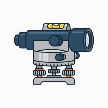 A cartoon illustration of a surveyor's level, a precision optical instrument used for establishing and checking horizontal levels.