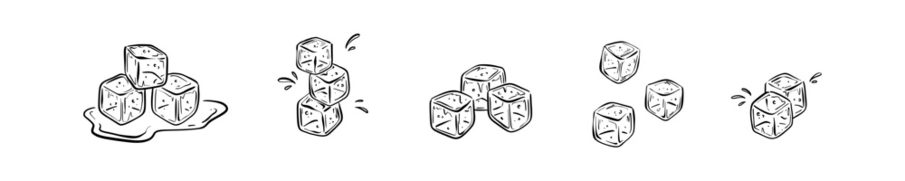 Set of hand drawn sketch doodle ice cube. Water frozen ice liquid splash crayon vector illustration. Outline line art icon. Sugar cubes dropping to the water, drink, cocktail. Summer bar background