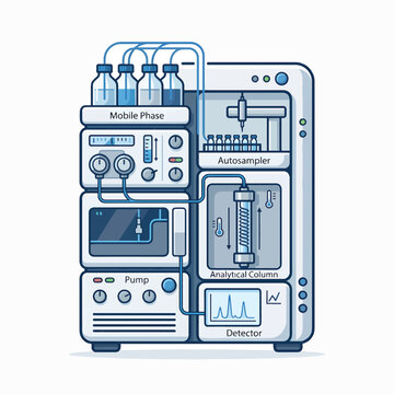 Illustration of a High-Performance Liquid Chromatography (HPLC) system, showing mobile phase, autosampler, analytical column, pump, and detector.