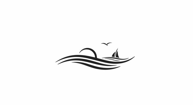 A minimalist black and white graphic of a sun setting over wavy ocean with a sailboat and bird
