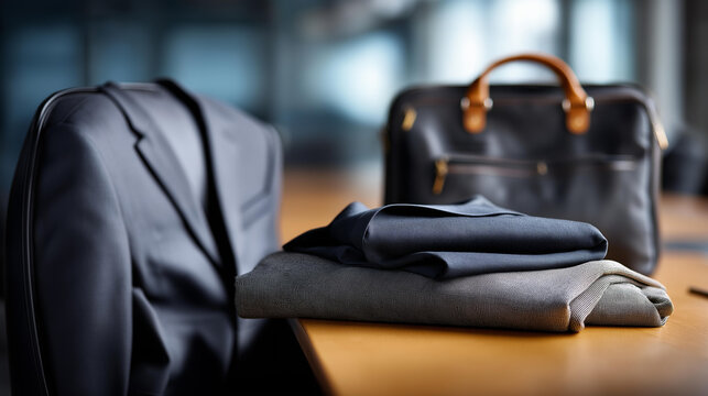 A briefcase, folded suit jacket and a laptop bag on an office chair, defocused boardroom in the background, no faces, business executive setup, corporate office, briefcase, professional attire,